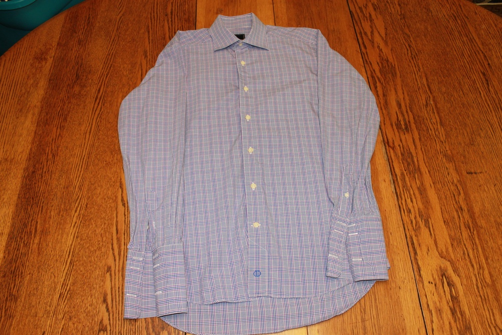 David Donahue Shirt Mens Large Blue Purple Trim Fit Plaid Button Down Dress